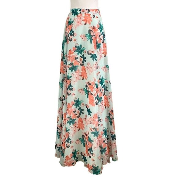 LULUS MINT CORAL FLORAL HIGH RISE MAXI CHIFFON SKIRT - XS - Picture 2 of 9